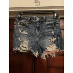 American Eagle Sz 4 High Rise Shortie  Stretch Shorts Distressed US Flag Lining